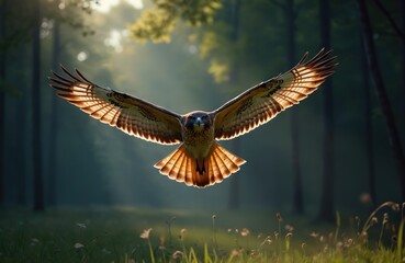 Obraz premium Red tailed hawk flies low over grassy meadow. Bird of prey glides with spread wings through forest trees. Wild animal hunts in natural green habitat during daytime.