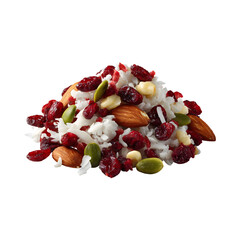 Colorful Trail Mix Pile with Dried Cranberries, Nuts, and Coconut Flakes