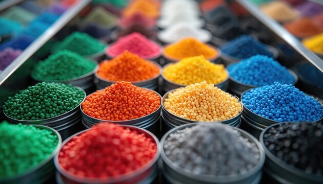 Rows of colorful plastic pellets in metal containers. Granules vary in hue from green, orange, yellow, blue to red and black. Material for industry.