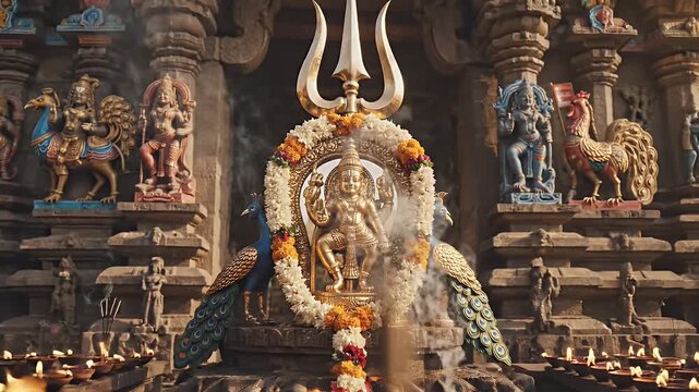 Murugan Devotional Background with Illuminated Temple Arch and Sacred Murugan Symbolism
