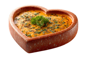 Creamy Orange Soup in Heart shaped Bowl with Herbs and Chili Flakes