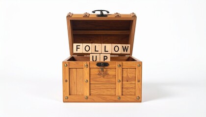 Open wooden treasure chest&mdash;blocks spell &ldquo;FOLLOW UP&rdquo;&mdash;rustic metal accents, symbolic reveal&mdash;evoking value, continuity, and the rhythmic architecture of communication, diligence, and relational care.