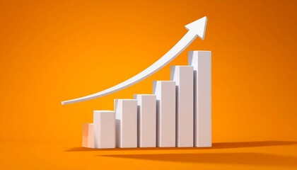 3D bar graph with rising bars—white upward arrow—bright orange backdrop—symbolizing progress, momentum, and the rhythmic architecture of growth, success, and visualized achievement.