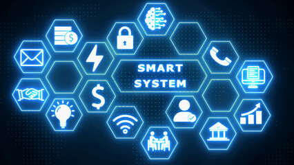 Smart system concept with interconnected blue neon hexagonal icons on a dark background technology network
