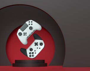 Colorful gaming controllers joystick levitating over podium against abstract background, minimalist concept device on pedestal © Vasyl Onyskiv