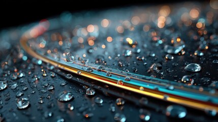 A close-up view of multicolored lines running through a surface covered with glistening water droplets, showcasing a vibrant interplay of light and shadow.