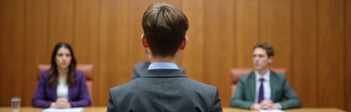 Young person presents argument to panel of judges. Serious people listen attentively in formal court setting. Debate competition legal hearing may occurring. Future leaders practice public speaking. - Powered by Adobe