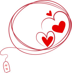 Vector hand drawn illustration of a heart frame made with sketch line art and a hanging discount tag with percent symbol