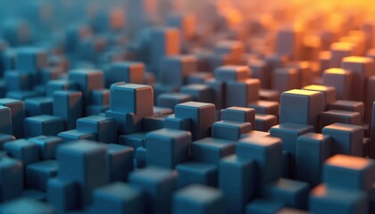 Obraz premium Abstract 3D render of futuristic cityscape or data blocks. Blue and orange hues create a sense of digital information flow or urban development. Represents technology concepts.