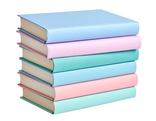 A stack of six pastel-colored hardcover books isolated on a white background, slightly angled to the right