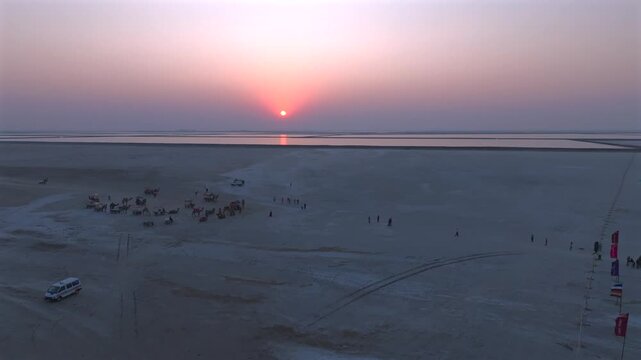 White Rann Of Kutc, Dhordo ramm, Sunset Aerial View. 4K White Rann