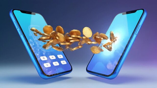 3D loop animation of digital money transfer, golden coins floating from sender phone to receiver phone, contactless payment and mobile banking concept, clean cinematic look,