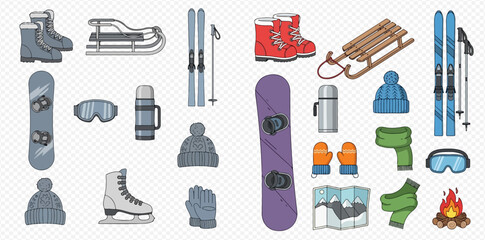 Collection of winter sports equipment and accessories for cold weather activities.