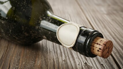 Antique Dusty Wine Bottle with Wax Seal and Blank Label on Rustic Wood Background