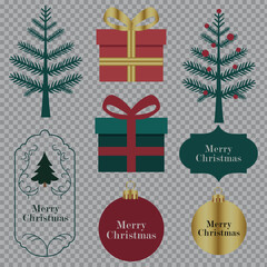 Merry Christmas greeting card poster clipart set. Christmas tags clip art with pine tree, gift box and xmas balls paper cut decoration elements in elegant invitation collection vector illustration
