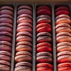 Obraz premium Rows of colorful macarons displayed in a bakery case