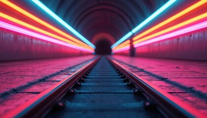 Train tracks lead through a dark tunnel. Bright neon lights in pink, orange, and blue line the sides, creating a vibrant, futuristic atmosphere. The path ahead is mysterious and inviting.