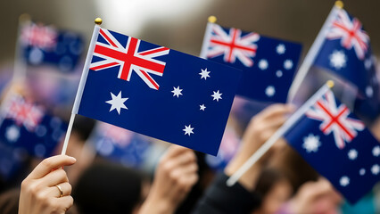 Naklejka premium Crowd Holding Australian Flags in Celebration or Event people