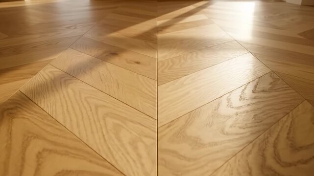 Static top-down high angle shot showcasing the repeating precise geometric herringbone pattern of light oak wood flooring tiles showcasing, aerial, design