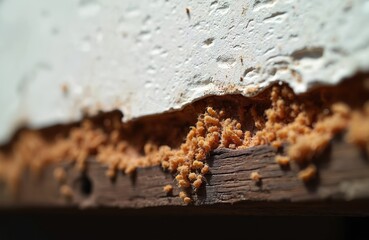 Close-up of old wood damaged by termites. Tiny orange insect eggs cluster on decaying timber structure. Termite infestation compromises building integrity.