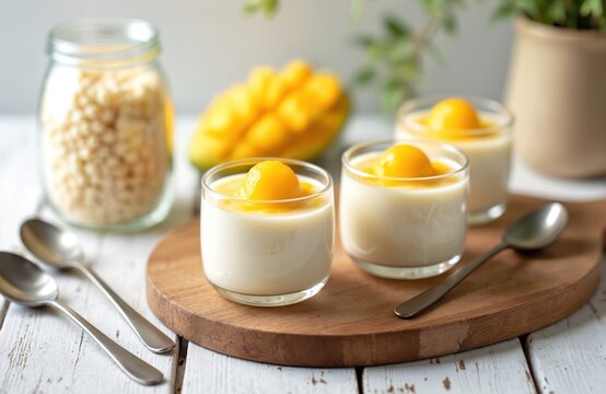 Creamy tapioca puddings with sweet mango puree served in glasses. Ripe mango halves sit behind glass jars holding tapioca pearls and spoons rest on wooden table.
