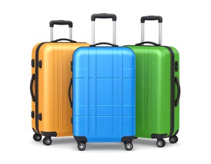 Three colorful suitcases (orange, blue, and green) stand side-by-side on a white background in this studio shot
