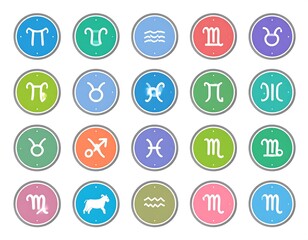 An array of colorful astrological zodiac symbols in round badges are displayed against a white background