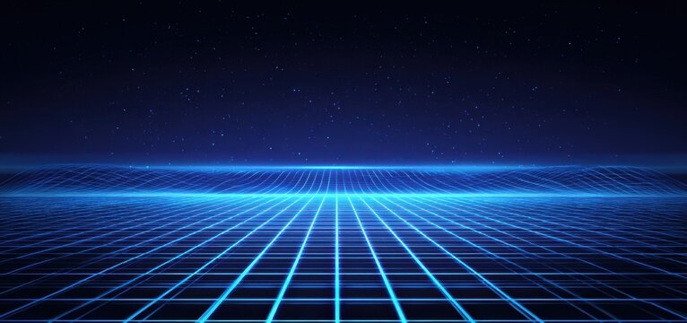 Futuristic blue grid pattern on illuminated floor with starry night sky background, technology and innovation concept representing digital space environment and cyber world with modern design elements - Powered by Adobe