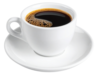 Black Coffee in a White Cup on a Saucer with Steam Rising in a Cozy Kitchen Setting