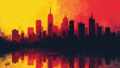 Fototapeta premium Cityscape skyline silhouettes with abstract red and yellow grunge textures overlayed. Tall buildings reflect on water surface creating symmetrical abstract art.