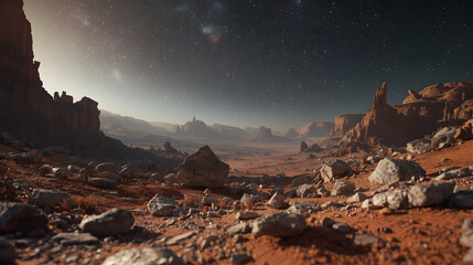 Vast desert landscape with towering rock formations under a starry night sky.