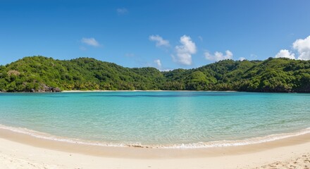 Obraz premium Serene Tropical Cove: Turquoise Waters, Lush Green Hills, Pristine White Sand Beach