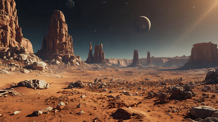 Vast alien desert landscape with towering rock formations under a dark sky featuring multiple planets and celestial bodies, bathed in a warm, otherworldly glow.