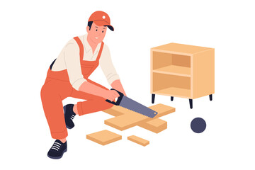Illustration of Carpenter Sawing Wood Plank for Custom Furniture Making in Workshop. Illustration of a carpenter using a hand saw to cut wooden planks, with a wooden shelf unit being built 