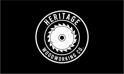 Heritage Woodworking Co logo with a saw blade in a circular design.
