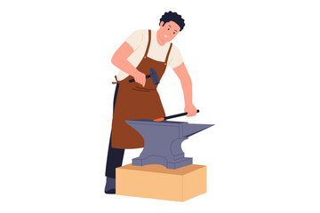 Illustration of Professional Blacksmith Forging Hot Metal on Anvil in Industrial Workshop. A skilled blacksmith using a hammer to shape glowing red-hot metal on a traditional steel anvil