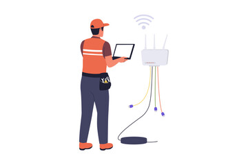 Illustration of Network Technician Configuring Wireless Router and Fiber Optic Internet Connection. A professional technician using a laptop to set up a wireless router and manage complex fiber optic