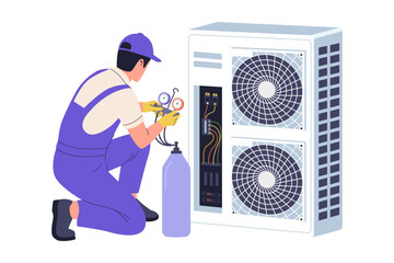 Professional HVAC Technician Repairing Outdoor Air Conditioning Unit with Tools. Illustration of a skilled technician in uniform performing maintenance on a large air conditioning unit