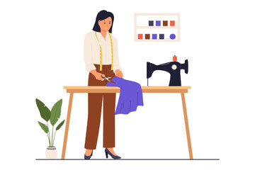 Illustration of Professional Seamstress Cutting Fabric at Tailor Workshop with Sewing Machine. A female tailor carefully cutting purple fabric with scissors on a work table