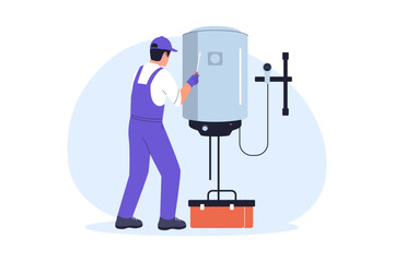 Illustration of Plumber Installing Modern Electric Water Heater System in Residential House. Illustration of a plumber in overalls installing or repairing a modern vertical water heater tank