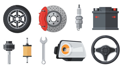 Car Parts Collection: Wheel, Brake Disc, Spark Plug, Battery, Filter, Wrench, Headlight, Steering Wheel