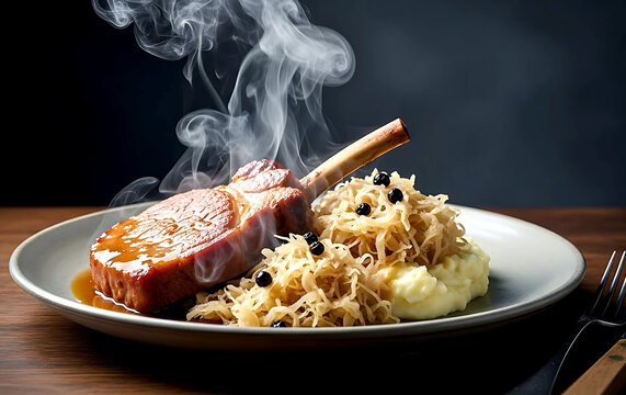 German kasseler braten mit sauerkraut, steam rising from a plate of smoked pork chop, mashed potatoes, and a mound of steaming sauerkraut with juniper berries 