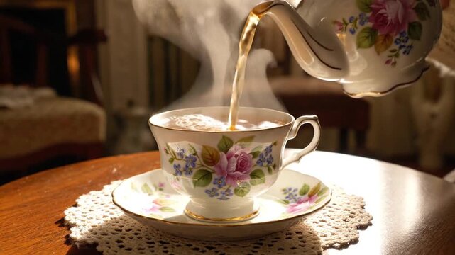 Steaming Hot Tea Poured From A Vintage Floral Teapot Into A Delicate Porcelain Cup And Saucer On A Lacy Doily Over A Wooden Table With Soft Interior Background Lighting
