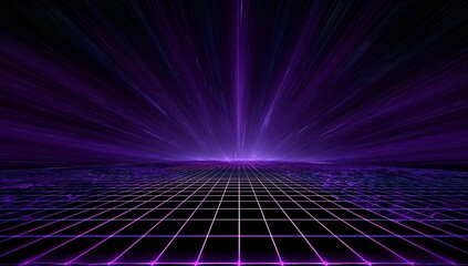 Digital landscape with glowing grid lines and radiating purple light beams creating a futuristic and abstract cyberspace atmosphere