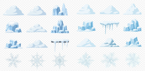 Set of various snowdrifts, ice formations, and snowflakes on transparent background, winter elements. © ArtLuna Studio