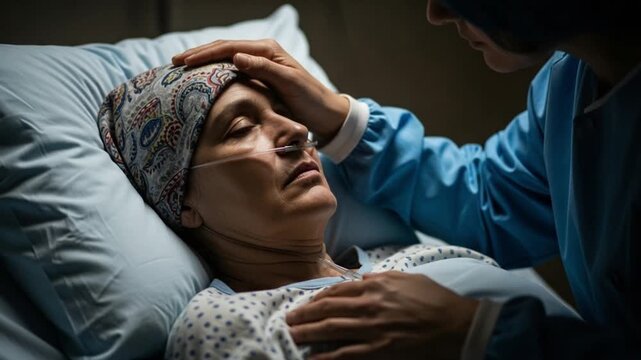 A woman lies in a hospital bed with a nasal cannula and a headscarf while a healthcare worker in blue scrubs comforts her with a gentle hand on her forehead and chest