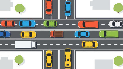 Aerial View of City Intersection with Traffic Jam, Cars and Trucks