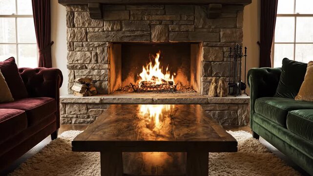 Static wide composition showcasing a cozy living room interior featuring a large stone fireplace and a dark polished wooden table bathed in the flickering orange light empty, rustic, comfort