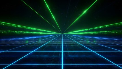 Abstract digital grid with glowing neon lines in vibrant blue and green creating a futuristic tunnel perspective for technology and entertainment concepts