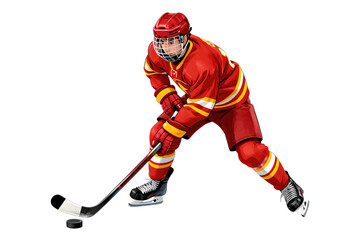 Obraz premium Male hockey player in red uniform skating with puck